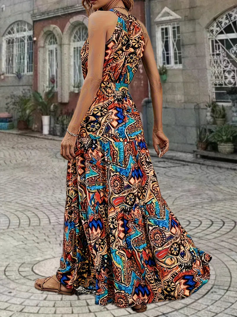 Isabelle | Ethnic Floral Print Boho ärmelloses Kleid mit Gürtel