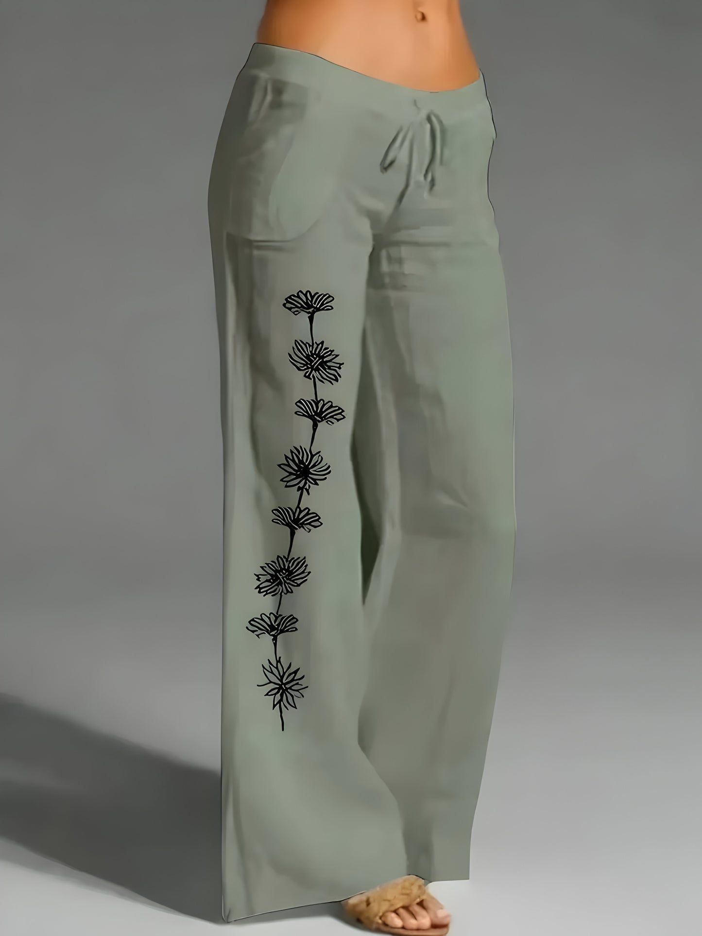 Aubrey | Lange Hose aus bedrucktem Leinen mit Kordelzug für Frauen