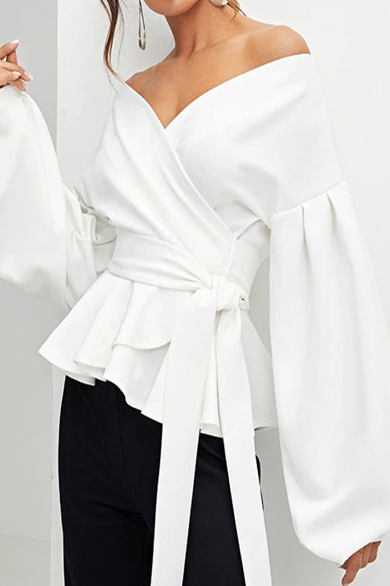 Camellia - Elegante Off-Shoulder-Bluse mit V-Ausschnitt, Langarm und Taillenband