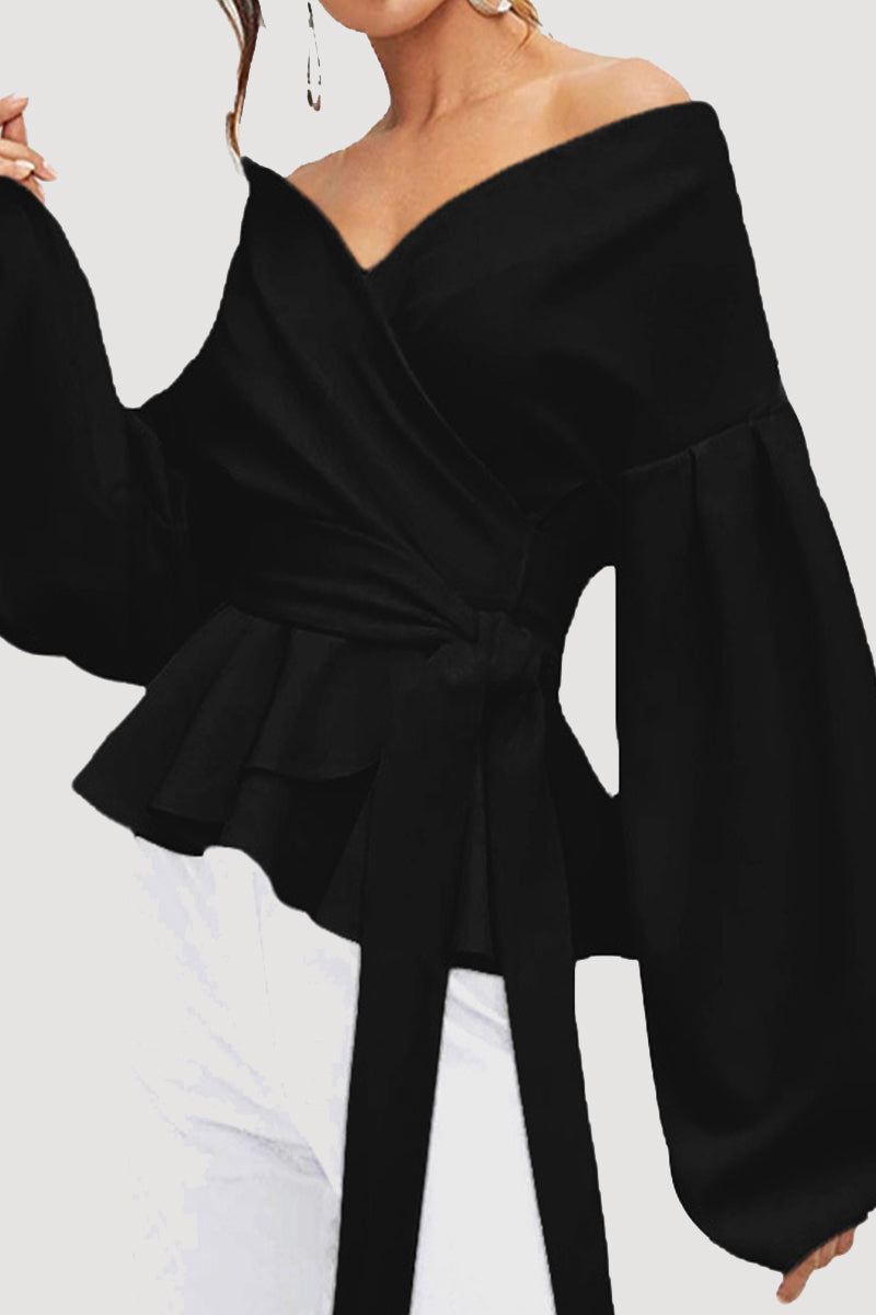 Camellia - Elegante Off-Shoulder-Bluse mit V-Ausschnitt, Langarm und Taillenband