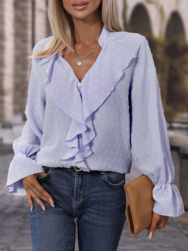 Anika - Elegante Bluse mit V-Ausschnitt, langen Ärmeln und Schweizer Punkt-Volants