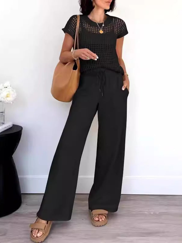 Delphine - Lässiges Set mit offen gestricktem Top und weiter Hose