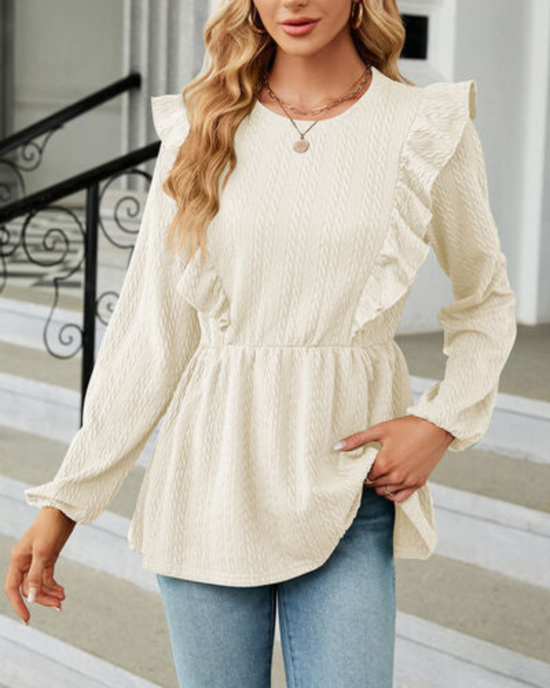 Leilani - Elegante Bluse mit Rundhalsausschnitt, langen Ärmeln und Rüschen