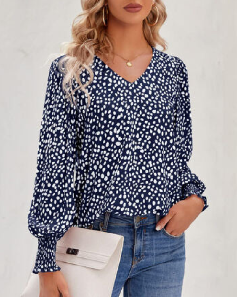 Maureen - Elegante gemusterte Bluse mit V-Ausschnitt und Puffärmeln