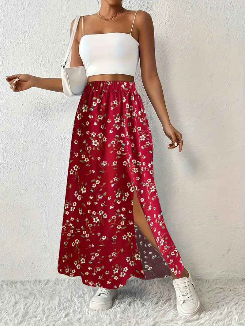 Maria | Floral bedruckter Maxirock mit hochtailliertem Design und Seitenschlitz