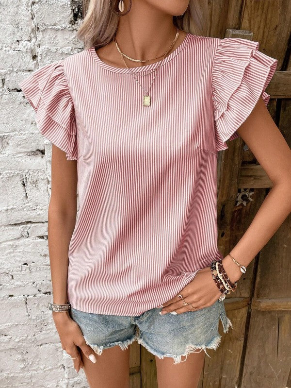 Roselyn - Elegante gestreifte Bluse mit Rundhalsausschnitt und Volantärmeln