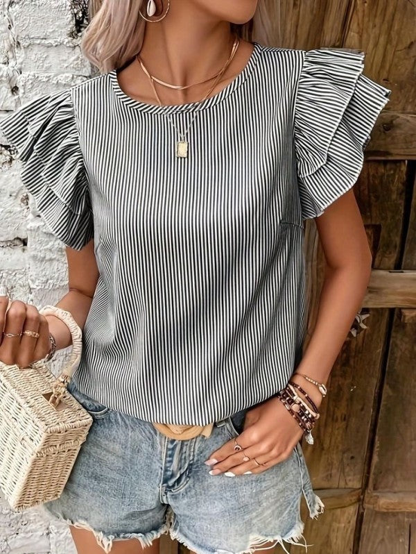 Roselyn - Elegante gestreifte Bluse mit Rundhalsausschnitt und Volantärmeln