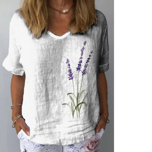 Yna - Aquarell-Lavendel-Blumen bedrucktes Freizeithemd