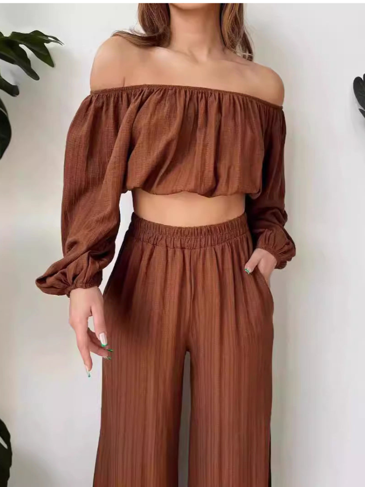 Elsa - Elegantes Off-Shoulder-Crop-Top mit High-Waist-Hose in weiter Beinform