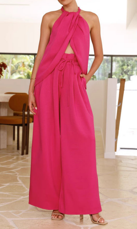 Rose - Elegantes Set mit ärmellosem Halter-Top und weiter High-Waist-Hose