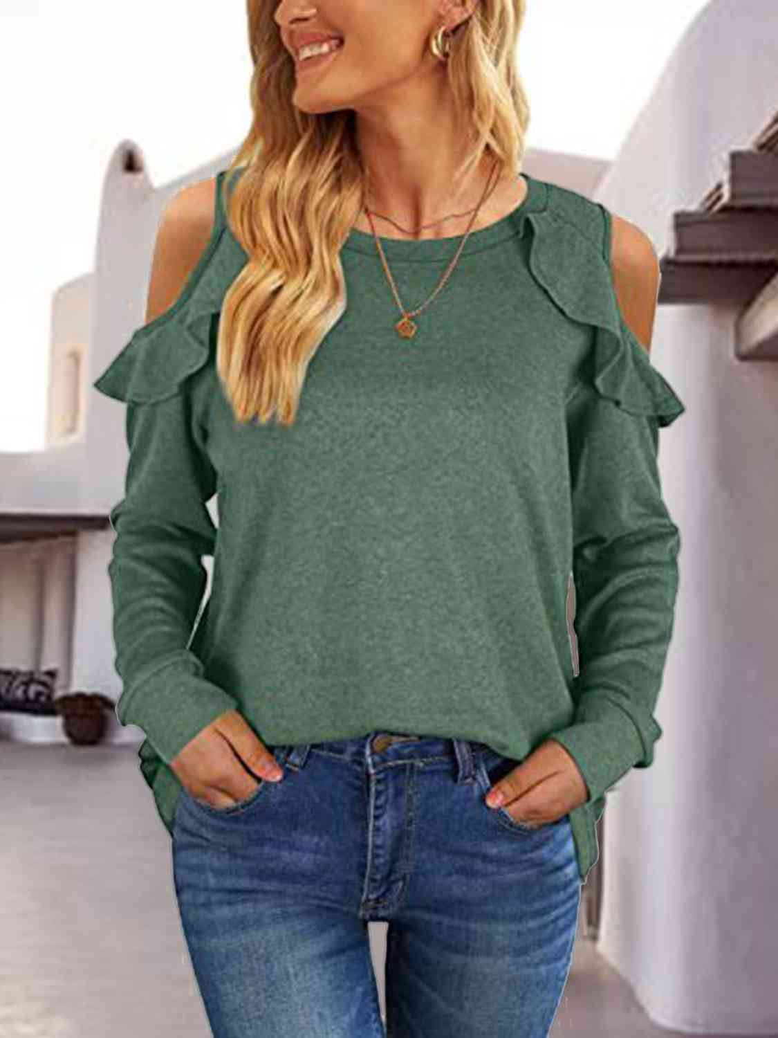 Scarlett - Lässige Bluse mit Rundhalsausschnitt, Volants und freien Schultern