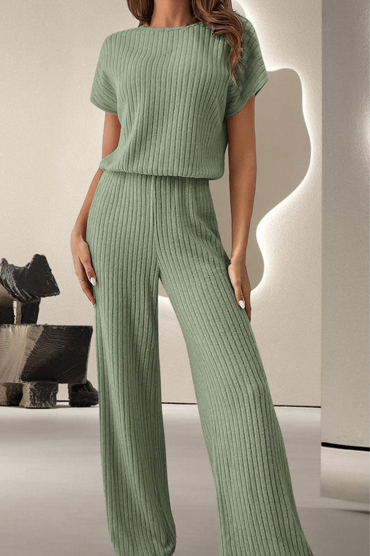 Lucille - Casual-Jumpsuit mit kurzen Ärmeln und geripptem Rundhalsausschnitt