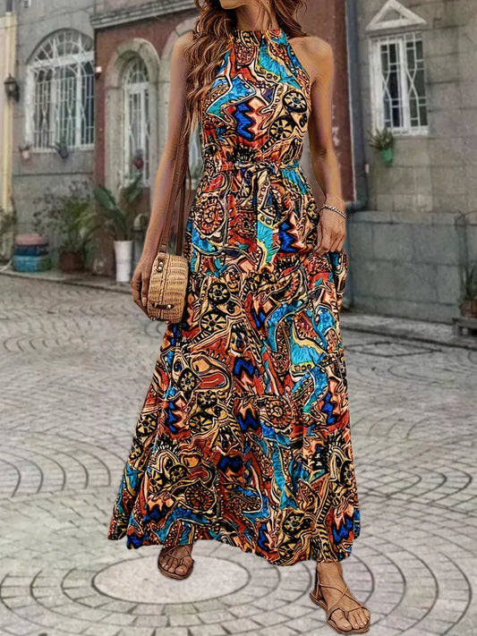Isabelle | Ethnic Floral Print Boho ärmelloses Kleid mit Gürtel