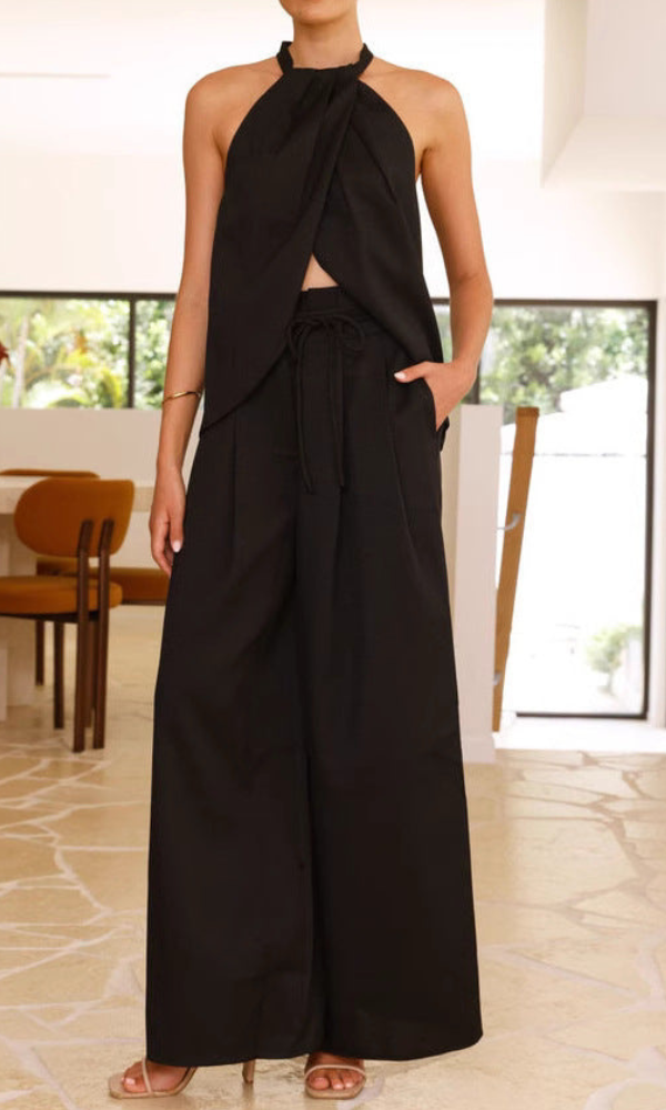 Rose - Elegantes Set mit ärmellosem Halter-Top und weiter High-Waist-Hose