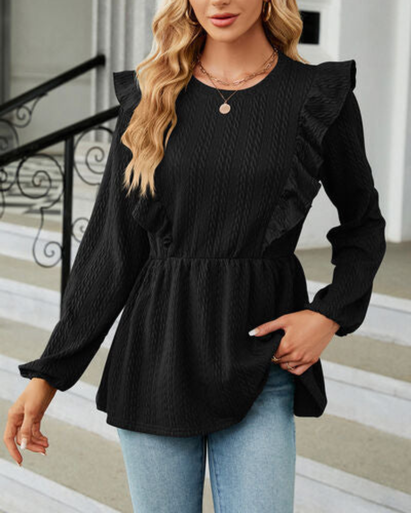 Leilani - Elegante Bluse mit Rundhalsausschnitt, langen Ärmeln und Rüschen