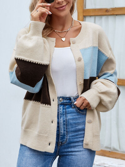 Roxana - Eleganter Strickcardigan mit Puffärmeln und Farbblockdesign