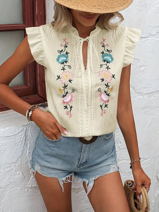 Solana | Bluse mit Blumenstickerei und V-Ausschnitt