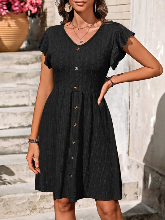 Marina - Elegantes Langarmkleid mit Rüschenärmeln und Knopfleiste