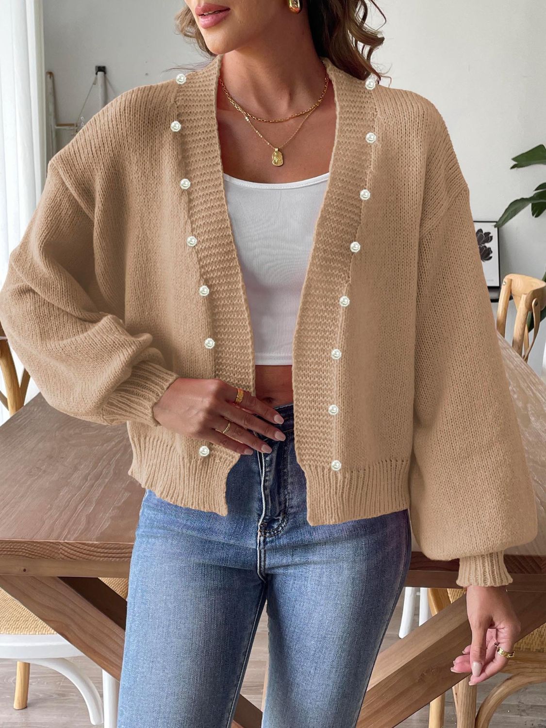 Kenna - Eleganter, offener Cardigan mit Perlen und langen Ärmeln