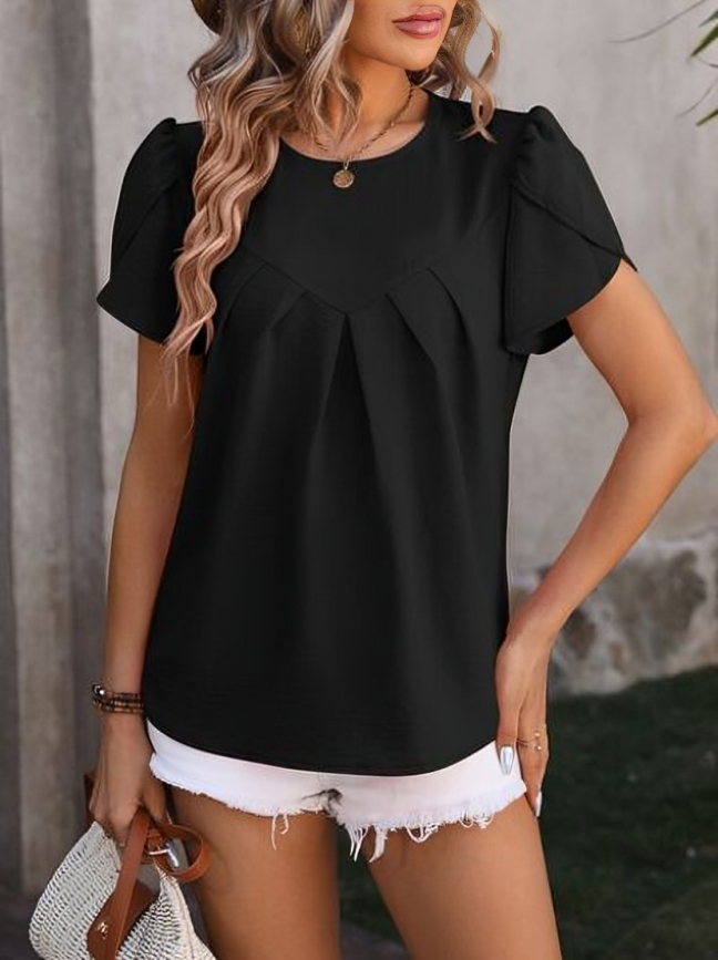 Yasmine - Elegante Bluse mit gerafftem Rundhalsausschnitt und Blütenärmeln