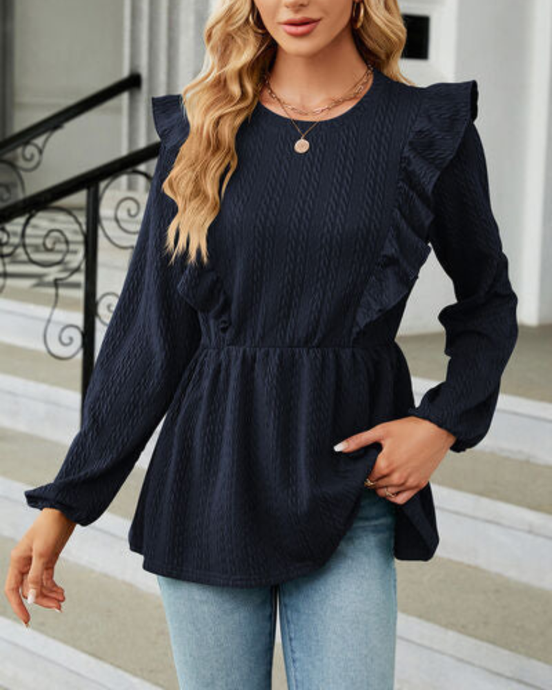 Leilani - Elegante Bluse mit Rundhalsausschnitt, langen Ärmeln und Rüschen