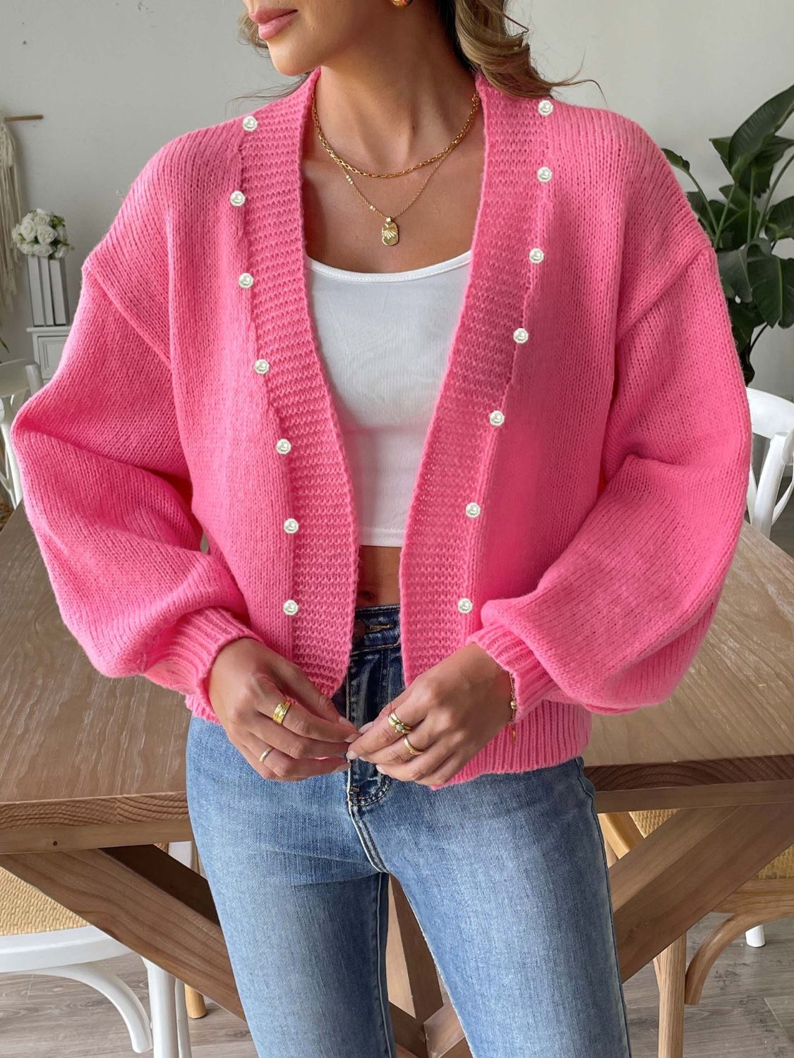 Kenna - Eleganter, offener Cardigan mit Perlen und langen Ärmeln