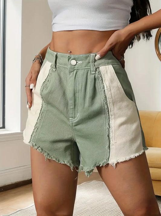 Kaye | Modische, Farbblockierte High-Waisted Denim-Shorts