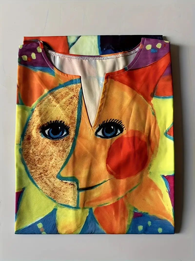 Victoria | Bunte Katze Kunst V-Ausschnitt ärmelloses Midikleid für Frauen
