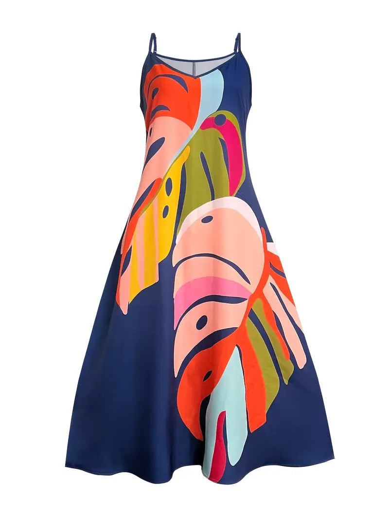 Ava | Damen V-Ausschnitt Tropical Leaf Print Midi Sommerkleid