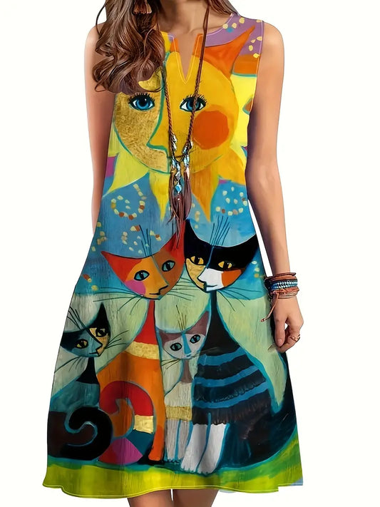 Victoria | Bunte Katze Kunst V-Ausschnitt ärmelloses Midikleid für Frauen