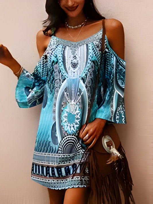 Daisy | Trägerloses, ärmelloses, böhmisches Tunikakleid mit V-Ausschnitt