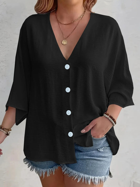 Amirah - Lässige Bluse mit halblangen Ärmeln, V-Ausschnitt und Knöpfen