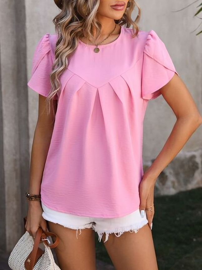 Yasmine - Elegante Bluse mit gerafftem Rundhalsausschnitt und Blütenärmeln