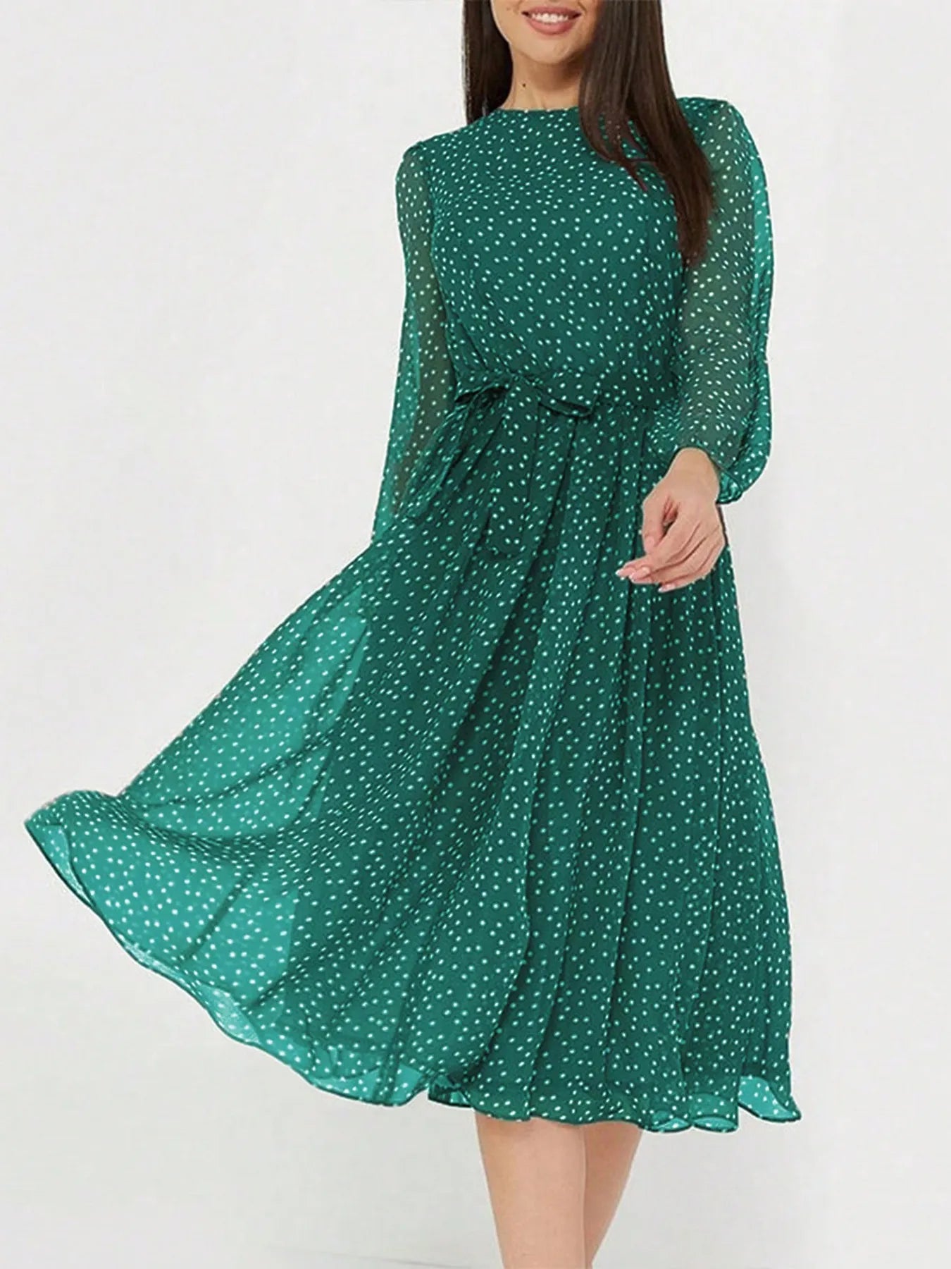 Zahra - Elegantes Midikleid mit langen Ärmeln, Rundhalsausschnitt und Polka-Dots