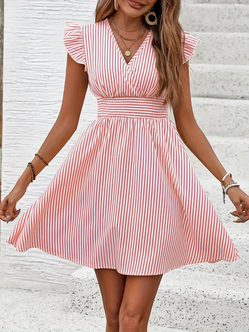 Cary | Gestreiftes Kleid mit gerafftem Halsausschnitt und geraffter Taille