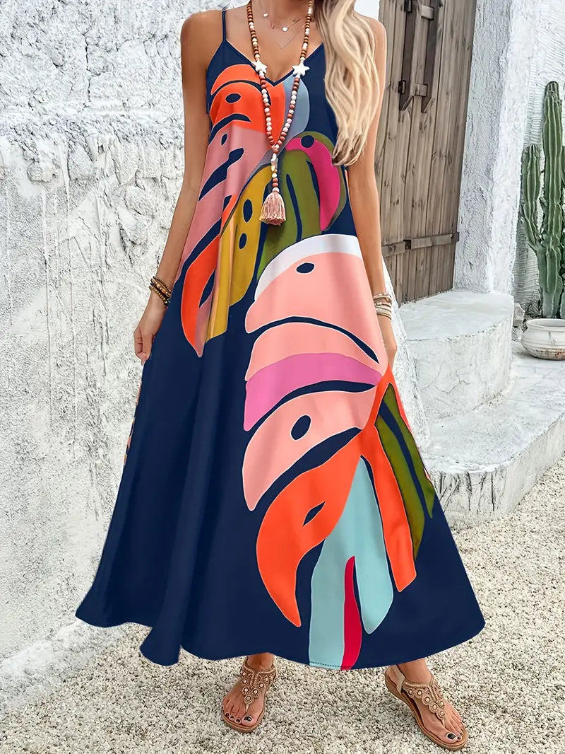 Ava | Damen V-Ausschnitt Tropical Leaf Print Midi Sommerkleid