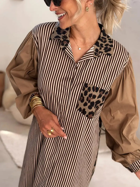 Dorothy | Stylisches Maxikleid mit Leopardenmuster und Streifen für Frauen