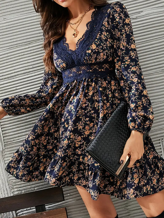 Marika | Marika | Elegant Lace-Trim V-Neck Floral Print Dress