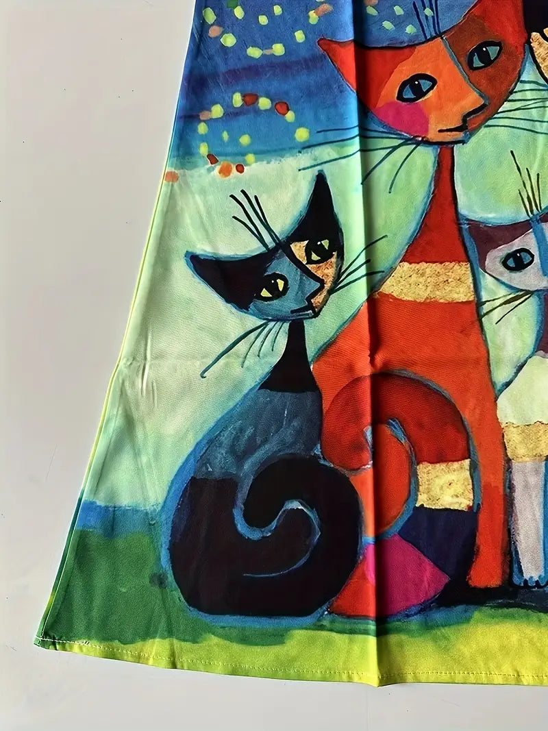 Victoria | Bunte Katze Kunst V-Ausschnitt ärmelloses Midikleid für Frauen