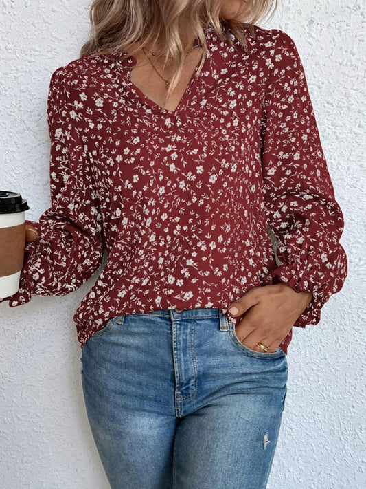 Valeria - Elegante Blumenbluse mit Volants, V-Ausschnitt und langen Ärmeln