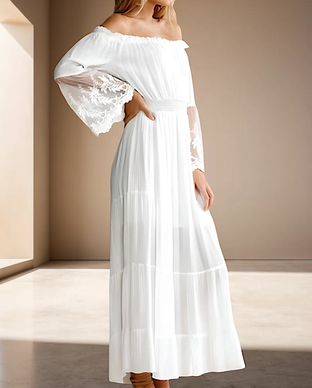 Ayla | Langes Spitzenkleid in Weiß und Schwarz