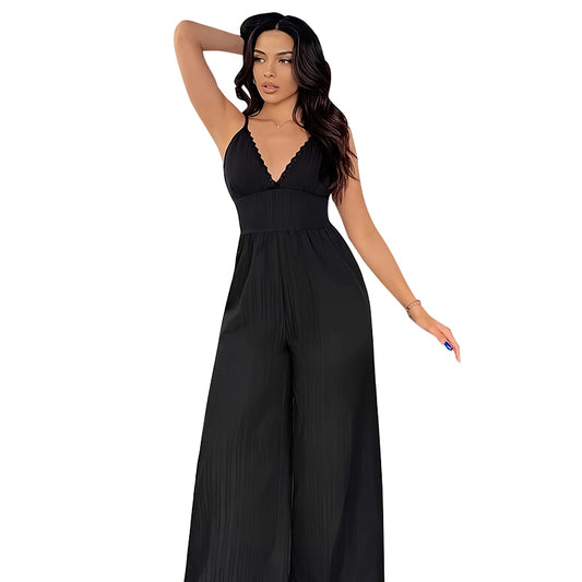 Anoushka | Elegante Spitze Schwarz V-Ausschnitt Bodycon Taille Weites Bein Hose