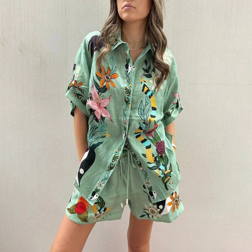 Charlotte -  Shirt und Shorts mit Sommermotiven Lässiges, lockeres zweiteiliges Set
