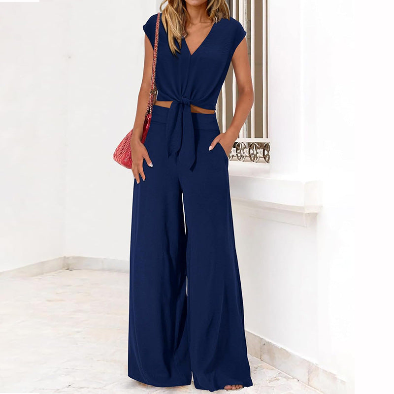 Analise - Elegantes Set mit V-Ausschnitt-Top, Schleife und High-Waist-Weitbein-Hose