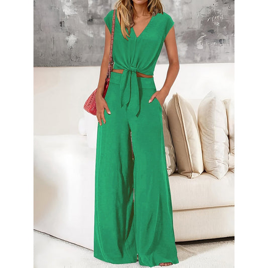 Analise - Elegantes Set mit V-Ausschnitt-Top, Schleife und High-Waist-Weitbein-Hose