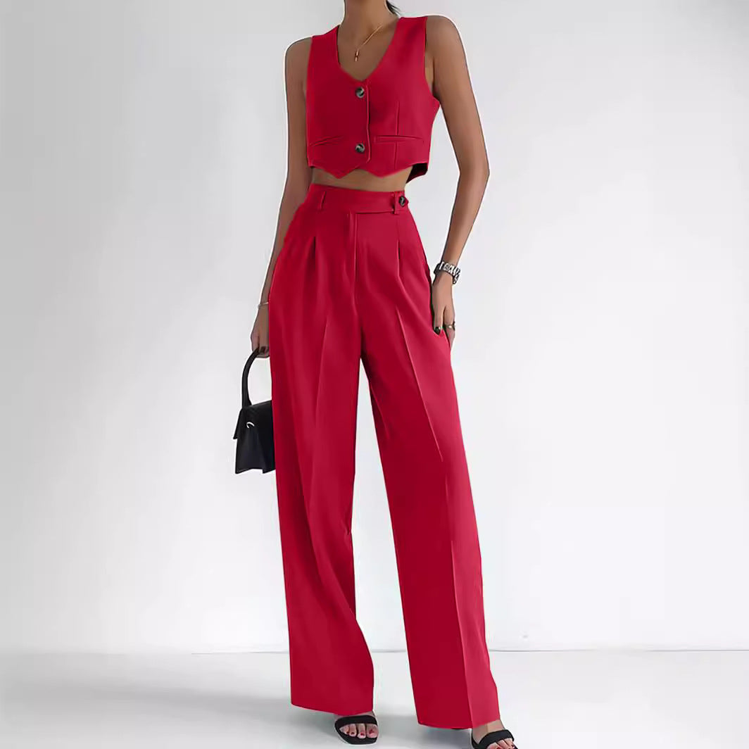 Marella - Elegantes Set mit kurzer Weste, V-Ausschnitt, Frontknöpfen und High-Waist-Hose