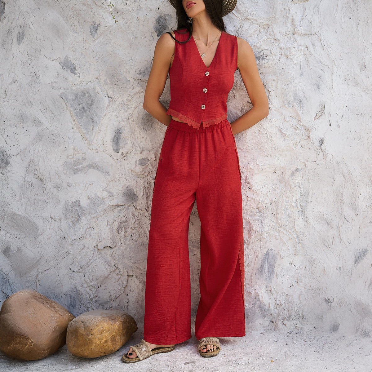 Esmae - Lässiges Weste-und-Hosen-Set mit V-Ausschnitt, Frontknöpfen und weiter Hose