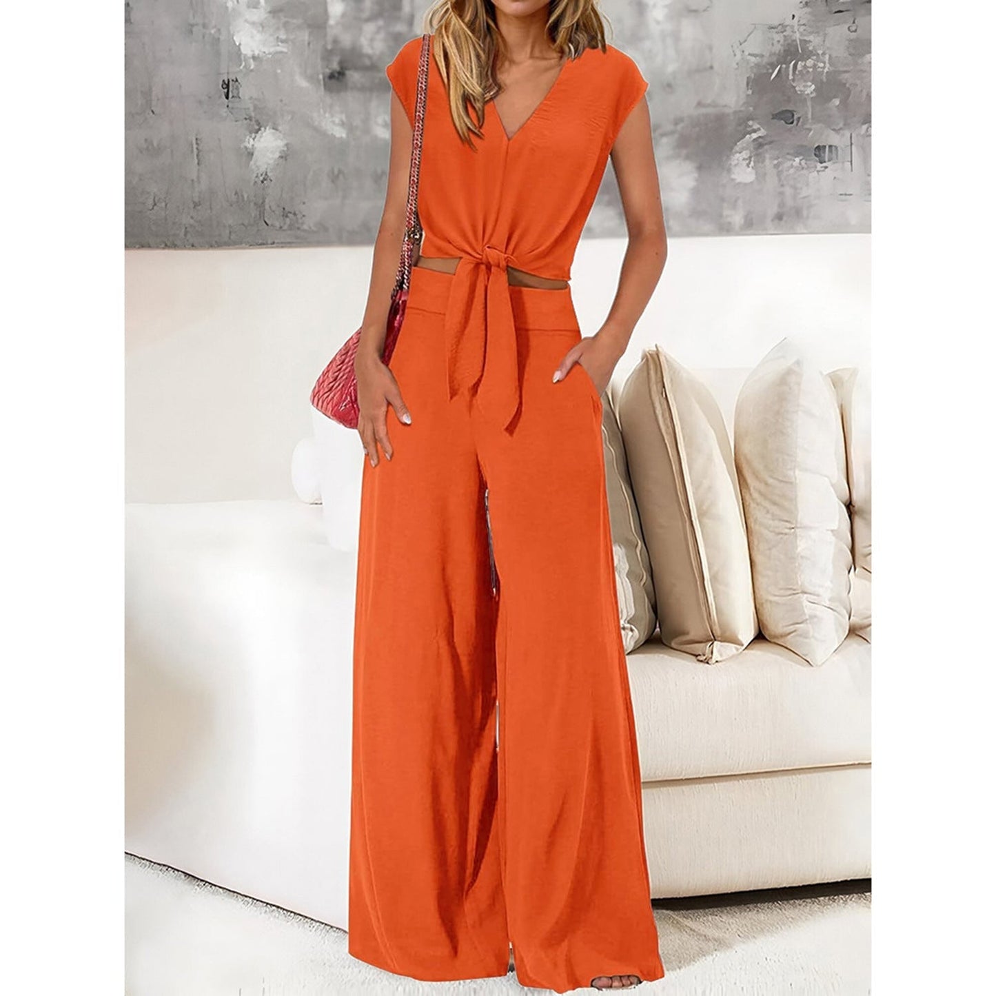 Analise - Elegantes Set mit V-Ausschnitt-Top, Schleife und High-Waist-Weitbein-Hose