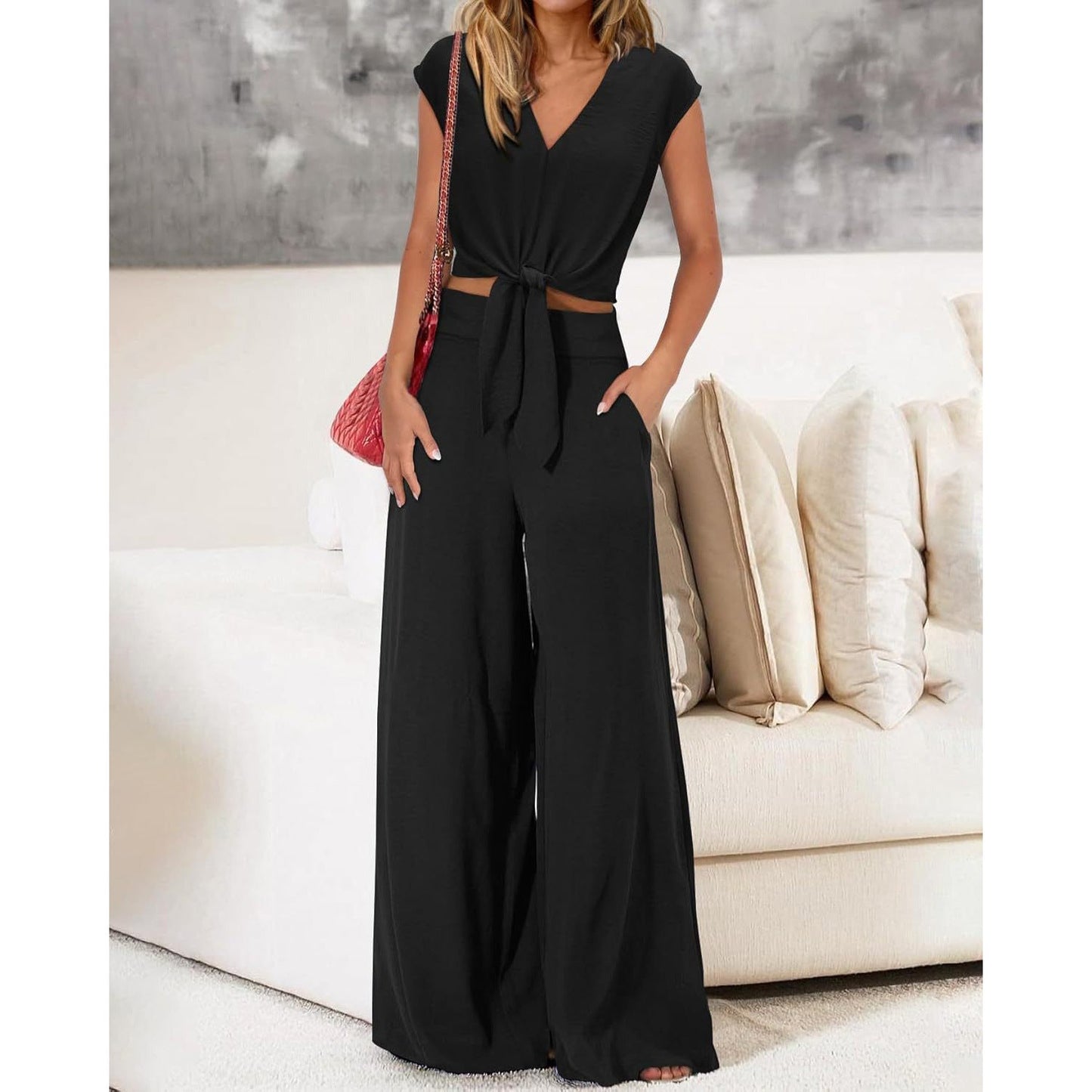 Analise - Elegantes Set mit V-Ausschnitt-Top, Schleife und High-Waist-Weitbein-Hose