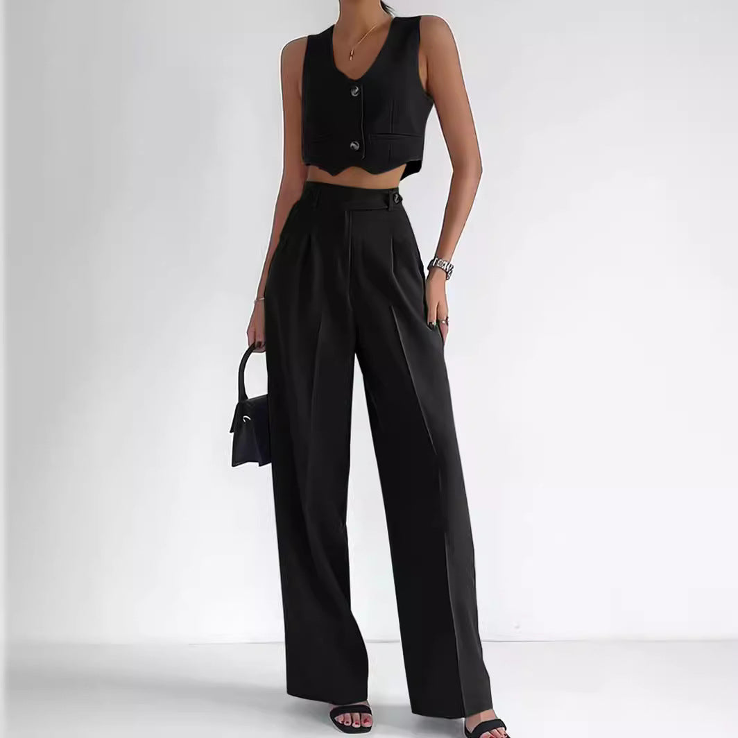 Marella - Elegantes Set mit kurzer Weste, V-Ausschnitt, Frontknöpfen und High-Waist-Hose